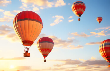 Fototapeta premium Colorful hot air balloons flying over mountain on sky pale yellow evening sunlight with cloud bottoms in background. Tourist season that people want to travel. Realistic clipart template pattern.