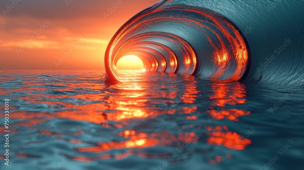 Poster a large wave in the middle of a body of water with the sun setting in the middle of the wave and the