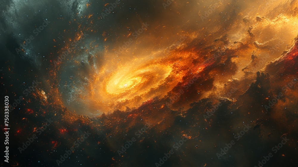 Aufkleber an image of a space filled with stars and a spiral like object in the center of the image is orange,