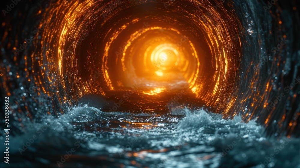 Poster a close up of a water tunnel with a light at the end of the tunnel and a wave coming out of the tunn