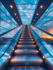Obraz premium A long escalator with a blue sky background