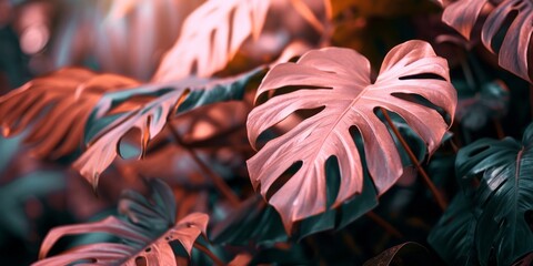 Closeup of tropical exotic plant pink Philodendron monstera leaf. Soft focus, defocused. Nature background. - obrazy, fototapety, plakaty
