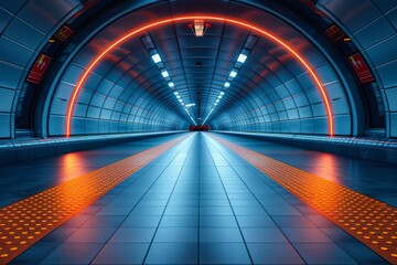 A tunnel with orange and blue lines on the floor