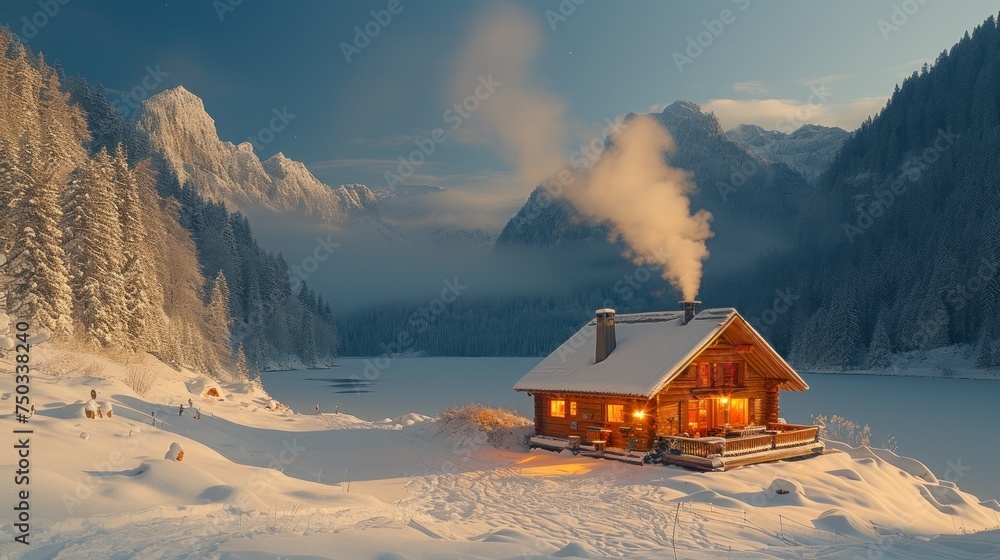 Poster a small cabin in the middle of a snowy landscape with a mountain range in the background and steam r