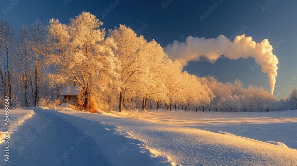 Poster a house in the middle of a snowy field with trees on either side of it and a smokestack in the middl
