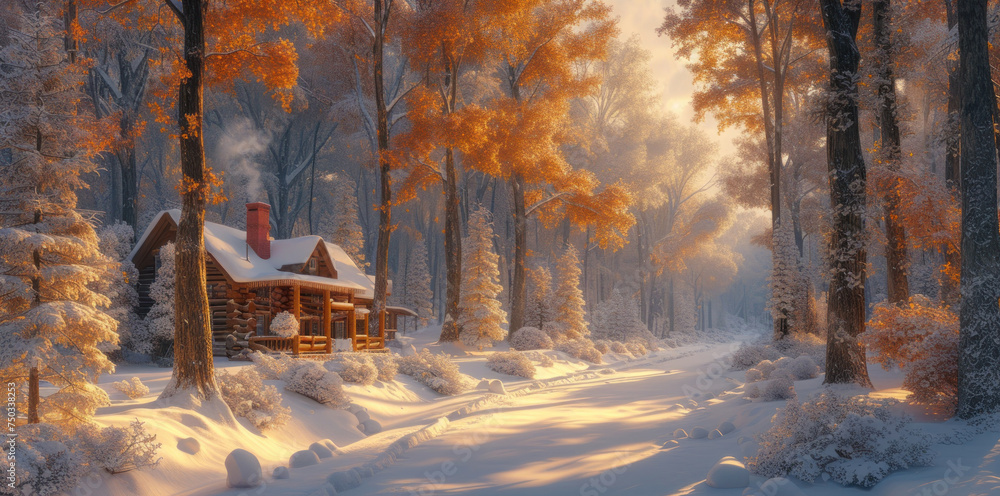 Poster a painting of a cabin in the middle of a forest with snow on the ground and trees on either side of 