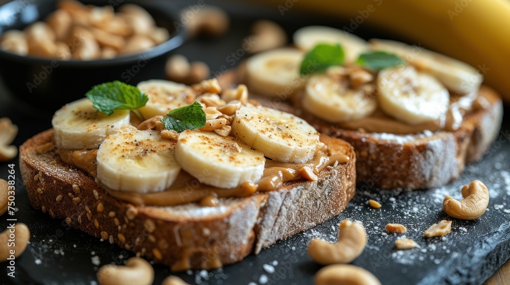 Poster a close up of two pieces of bread with peanut butter and banana slices on a black plate with a banan