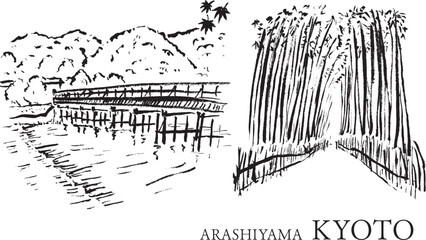 Naklejka premium 京都嵐山の景色筆絵