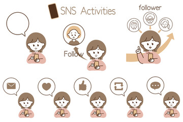 SNS運用の図解制作に便利！SNSを楽しむ女性と吹き出しアイコンのセット