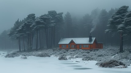  a red cabin in the middle of a snowy forest with a stream running through the foreground and trees on the other side of the cabin, on a foggy day.