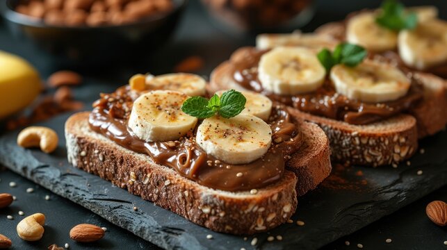  a couple of pieces of bread with peanut butter and banana slices on top of it with nuts on the side of the bread and a banana and a bowl of nuts on the side.
