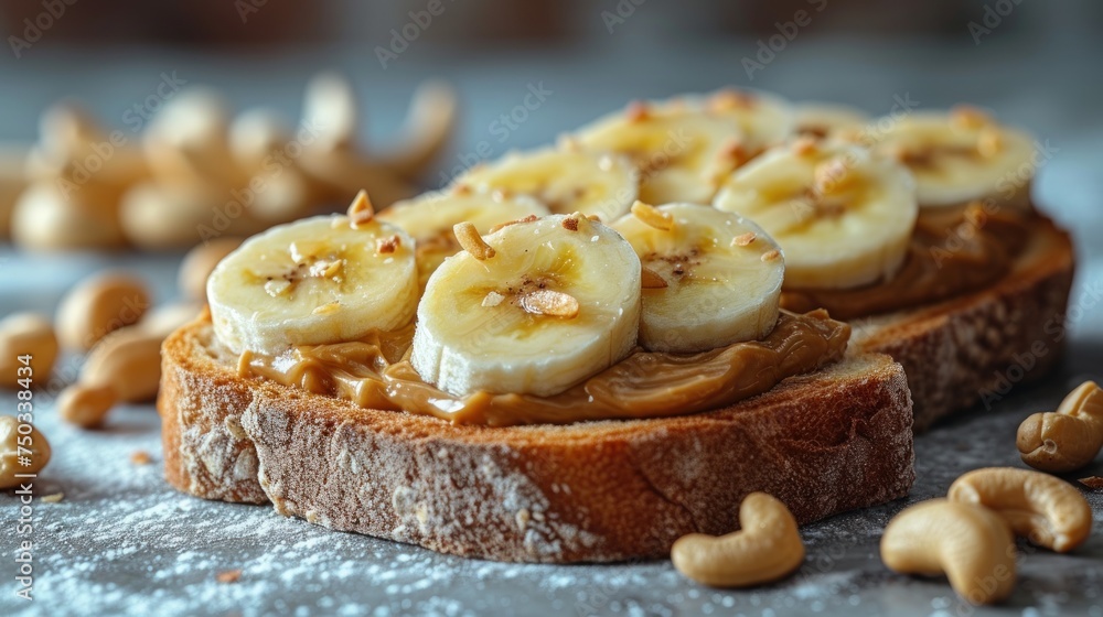 Poster a piece of bread with peanut butter and banana slices on top of it and peanuts on the side of the br