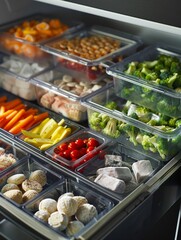 A refrigerator full of food, including vegetables and fruit
