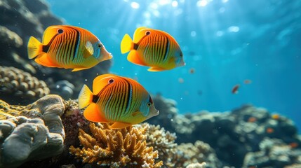  a group of orange and yellow fish swimming over a coral covered with seaweed and corals on a blue ocean surface with sunlight streaming through the water's surface.