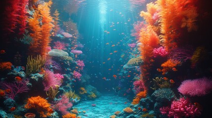  an underwater scene of a coral reef with lots of colorful corals and algaes on the bottom and bottom of the water, with sunlight streaming through the water.
