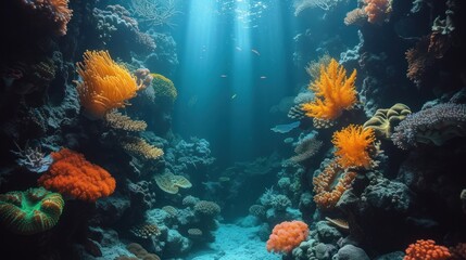  an underwater view of a coral reef with lots of corals and sea anemones on the bottom and bottom of the reef, with sunlight streaming through the water.