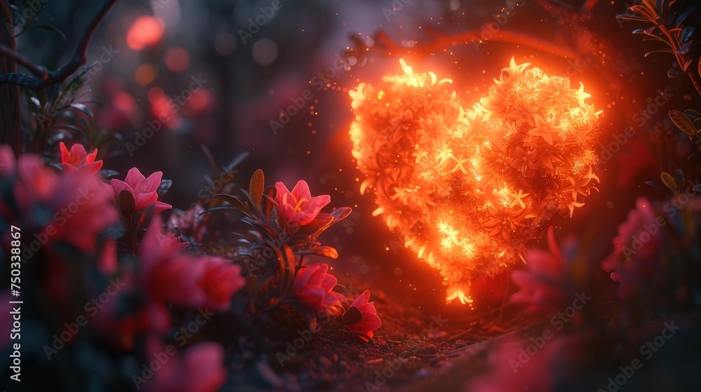 Poster a close up of a heart shaped object in the middle of a field with flowers in the foreground and a bl