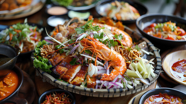 Assorted Asian Dishes in a Feast Setting
. A table is lavishly spread with various Asian dishes, featuring vibrant colors and rich ingredients, evoking a sense of culinary abundance.
