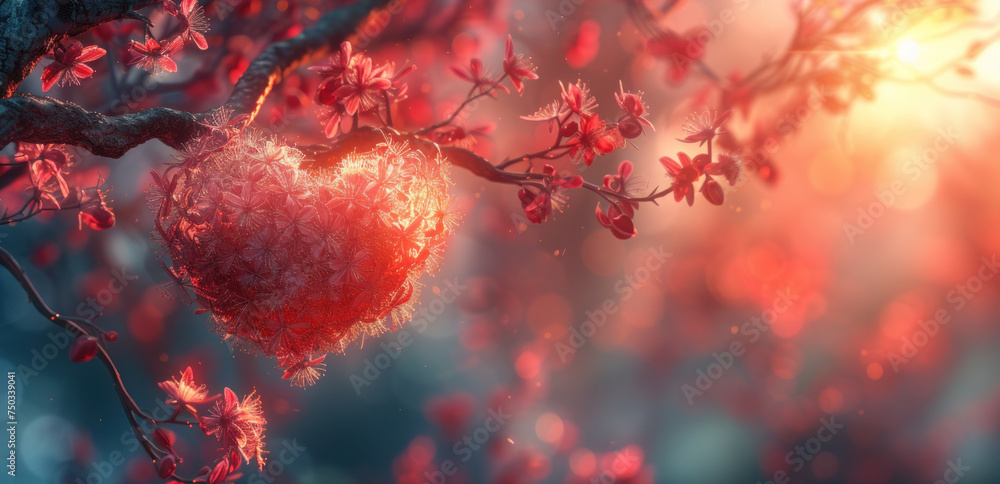 Poster a heart hanging from a tree branch with red flowers in the foreground and a blurry background of lea