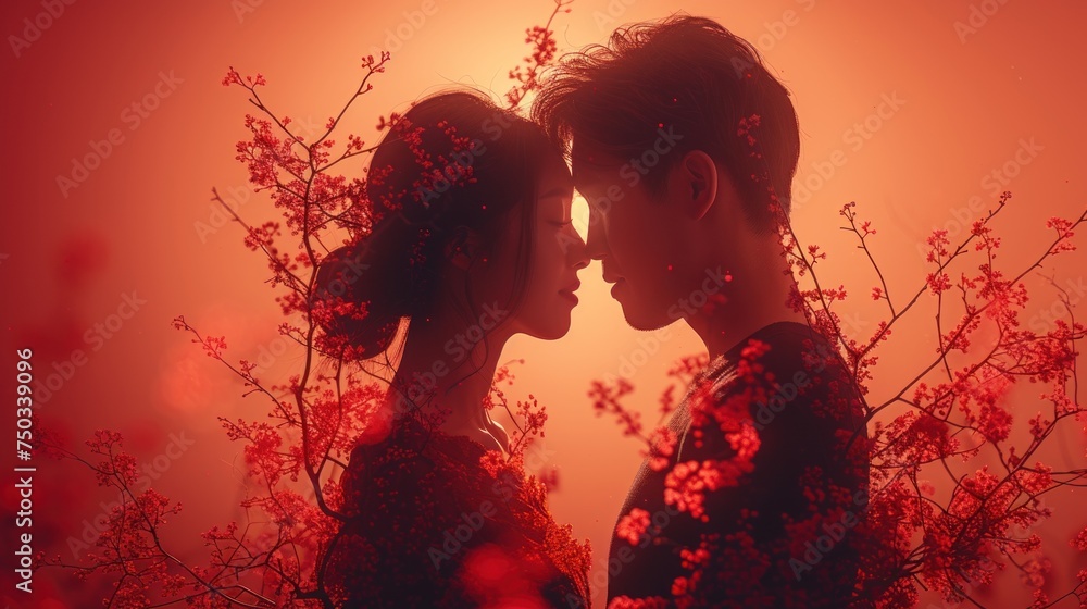 Poster a man and a woman standing next to each other in front of a tree with red flowers in the foreground 