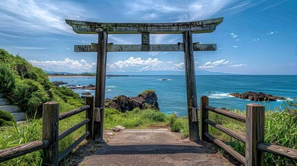 There is a torii gate on the coast made with Ai generative technology