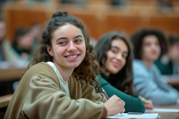 Happy student writing notes during class at lecture hall