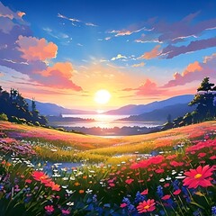 Sunset over the mountains very beautiful nature art illustration vector design with flowers on mountain.