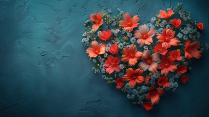  a heart - shaped arrangement of red and white flowers on a teal blue background with space for the word love written on the left side of the heart of the photo.