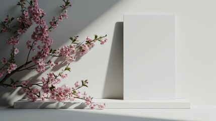 Mockup blank white card stand over rectangle podium on white concrete wall with branch sakura flower decor. 3D greeting card for advertising text