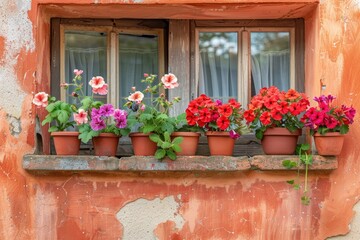 Pelargonium and geraniums in flower pots on the windowsill of a rural house outside against a terracotta-colored wall.