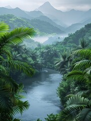 A river runs through a lush jungle with palm trees lining the banks
