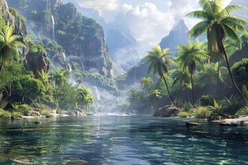 A beautiful tropical landscape with a river flowing through it