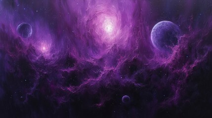  a painting of a space scene with planets in the sky and stars in the sky and in the clouds, and in the foreground is a purple hued background with a blue and purple hue.