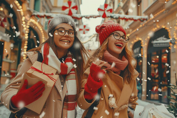 Fototapeta na wymiar Happy two young woman enjoy in Christmas shopping