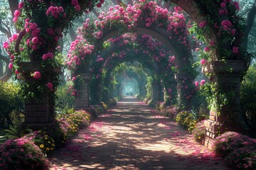 A long, narrow path is lined with pink flowers and green leaves