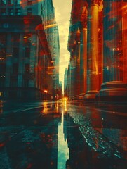 A city street with a reflection of the buildings in the water