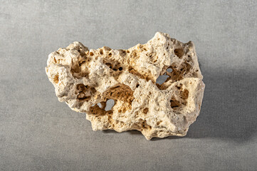 White texture stones with natural holes on a grey background. Design element.