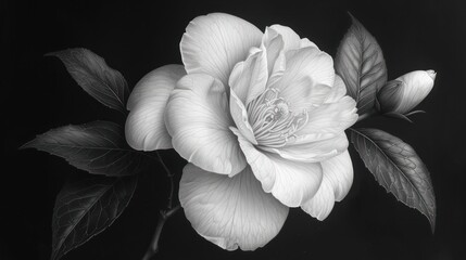  a black and white photo of a flower with leaves on the side of the flower and the petals on the other side of the flower, on a black background.