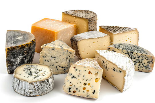 Assortment of various types of cheese presented on a white isolated background
