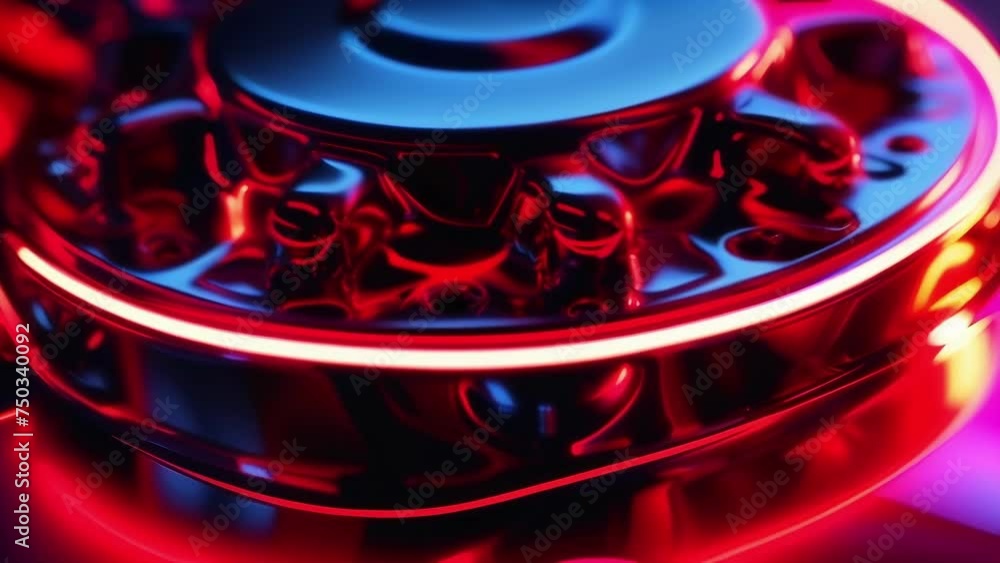 Poster a closeup of a glowing red valve cover with the reflection of the neon lights creating a mesmerizing