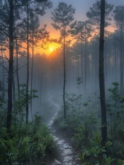 A forest path with trees and a sun in the sky