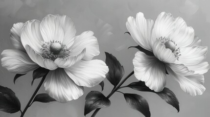  a black and white photo of two white flowers on a gray background with a black and white photo of two white flowers on a gray background with a black and white border.