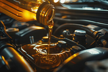 Sunlit fresh oil being poured during a car engine oil change - obrazy, fototapety, plakaty
