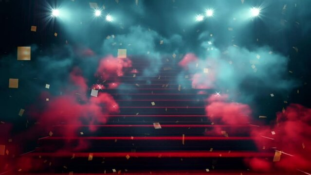 Red carpet stairs with smoke and spotlights