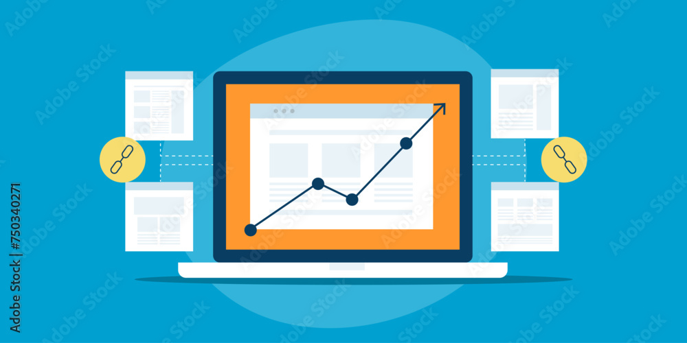 Aufkleber getting links from multiple trusted web sources, website ranking arrow graph growth, link building p