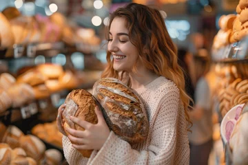 Tuinposter Happy woman buy bread in the bakery shop in the supermarket © Kien
