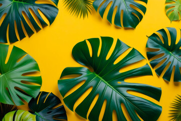 Different palm leaves and Monstera leaves on yellow background.