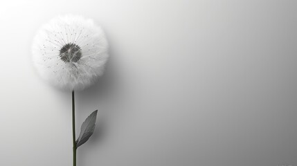  a dandelion sitting on top of a white wall next to a green stem with a single flower in the middle of the dandelion on the side of the wall.