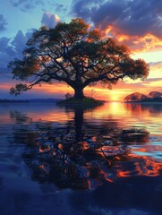 A tree is reflected in the water, with the sun setting in the background