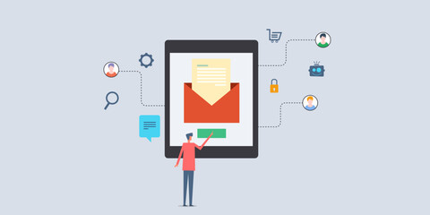 Email marketing automation, sending promotional email to business customer, newsletter subscriber with ai assistant, artificial intelligence technology. Vector illustration.